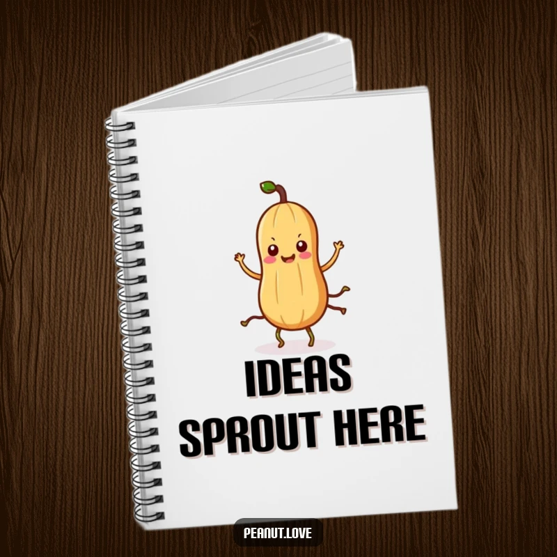 Funny Kawaii peanut notebook with a cute character with root legs doing a silly dance on the cover.