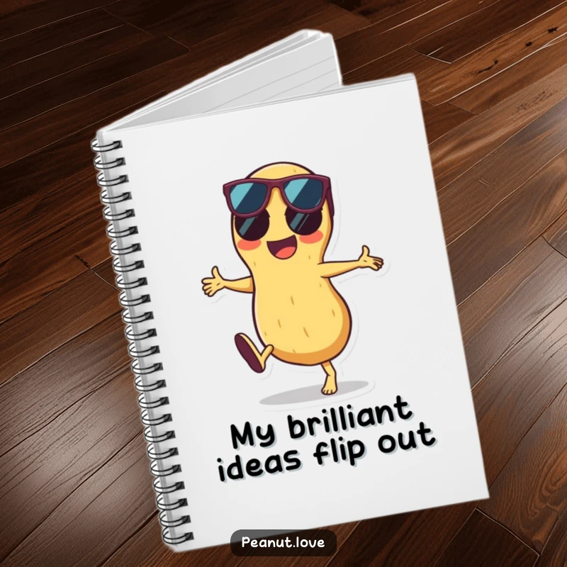 Funny notebook featuring a cool peanut performing a cartwheel while wearing sunglasses, perfect for writing notes with a humorous and energetic flair.