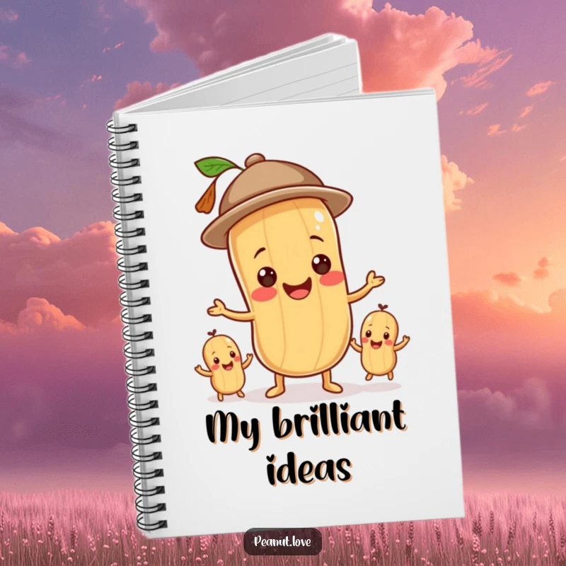 Funny notebook cover showing a peanut character in a hat juggling smaller peanuts, inspiring creative thoughts.