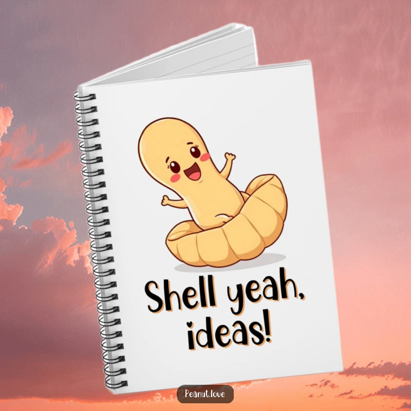 Funny notebook cover depicting a determined peanut joyfully rolling downhill inside a large peanut shell, for jotting notes.