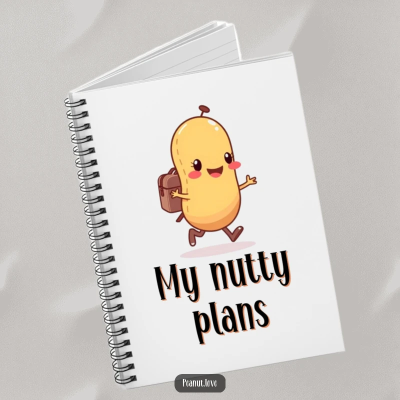 Funny anthropomorphic peanut character notebook with a happy peanut skipping with a small backpack, great for adventure planning.