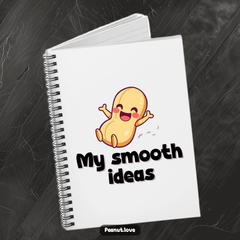 Funny notebook with a gleeful peanut character sliding down a smooth surface, symbolizing effortless note-taking.
