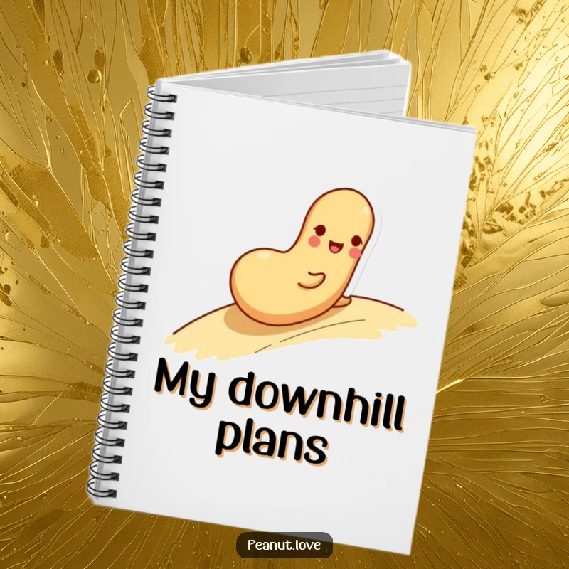 Funny notebook cover with a playful peanut character rolling down a gentle slope with a happy expression.