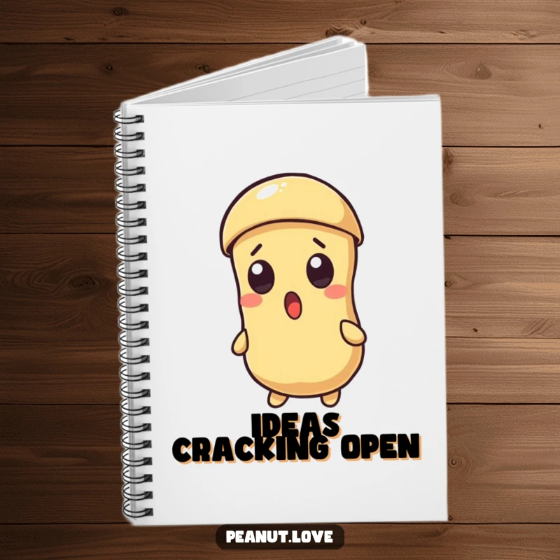 Funny notebook featuring a surprised Kawaii peanut character with a cracking shell, designed for capturing ideas and humor.