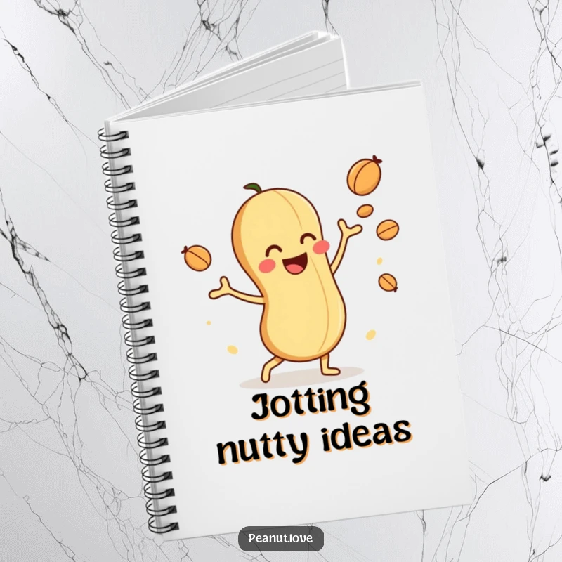 Funny notebook with a playful peanut character juggling nuts, ideal for recording nutty thoughts and plans.