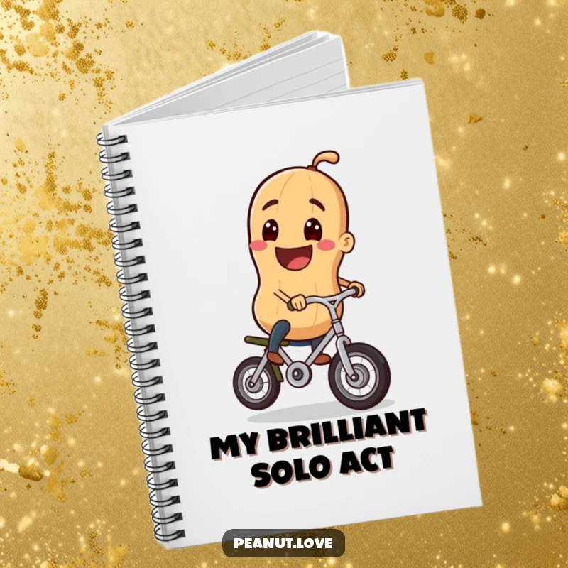 Funny notebook featuring a grinning peanut character riding a tiny unicycle, perfect for jotting down notes with a humorous and balanced flair.