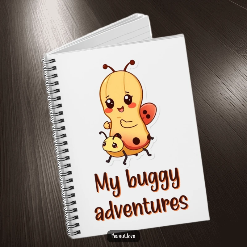 Funny notebook with a kawaii peanut character riding a ladybug, ideal for jotting down cheerful thoughts and ideas; a gift.