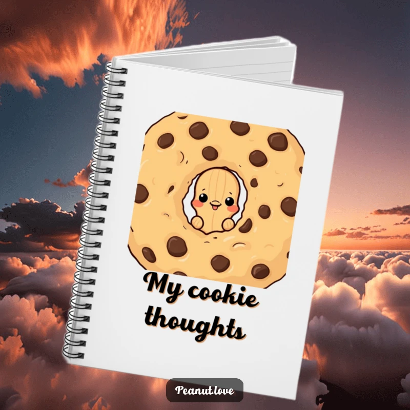 Funny notebook featuring a peanut character peeking from behind a chocolate chip cookie, perfect for jotting down sweet ideas.