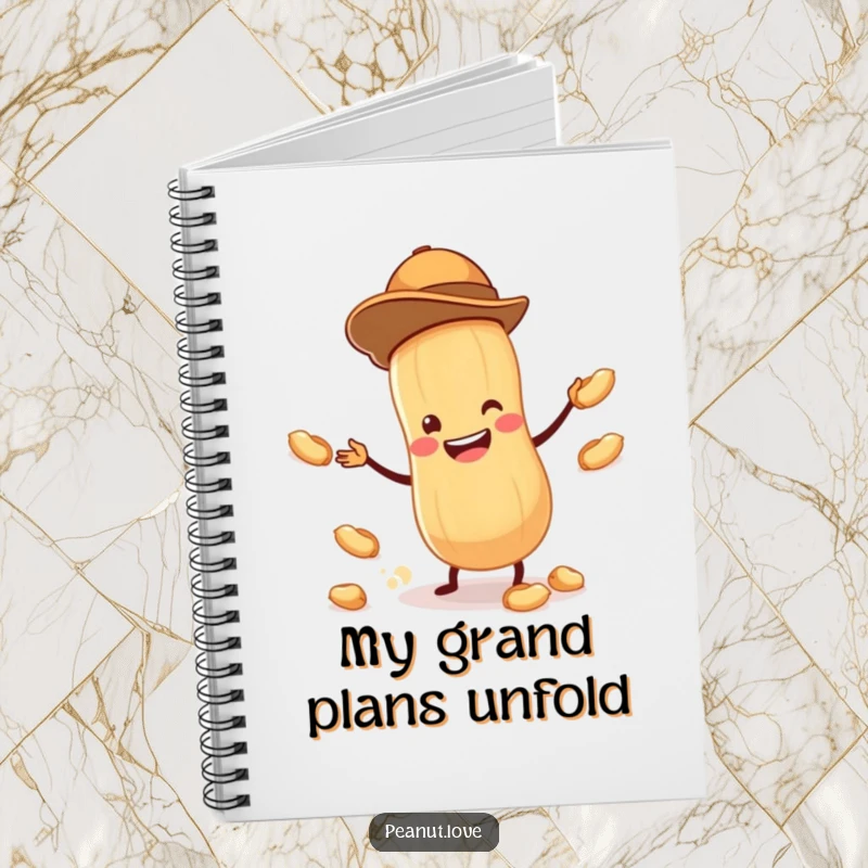 Funny notebook with a tiny peanut in a jaunty hat, juggling peanuts with a wide grin, perfect for creative writing.