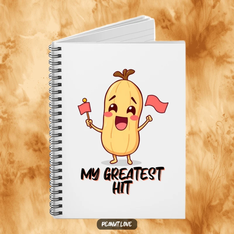 Funny notebook cover with an excited peanut character waving a miniature flag, perfect for jotting down joyful plans.
