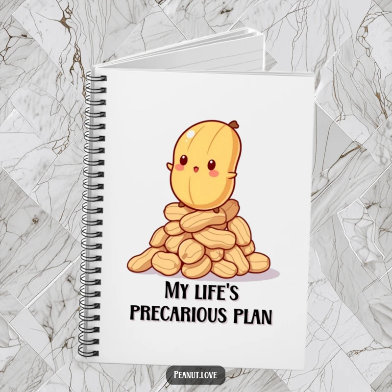 Funny notebook with a bewildered peanut balancing on a wobbly stack of peanuts, perfect for journaling life's challenges.