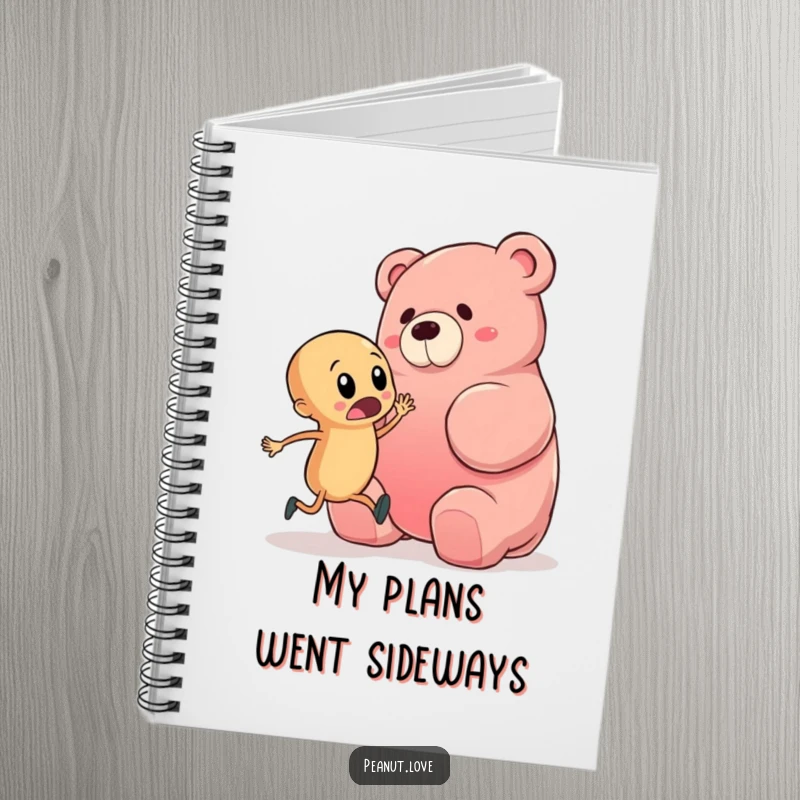 Funny notebook featuring a startled peanut character nearly tripping over a giant gummy bear, perfect for jotting down notes with a humorous and surprising flair.