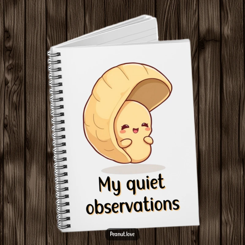 Funny notebook with a shy peanut peeking from behind a large peanut shell, giggling, perfect for writing secrets.