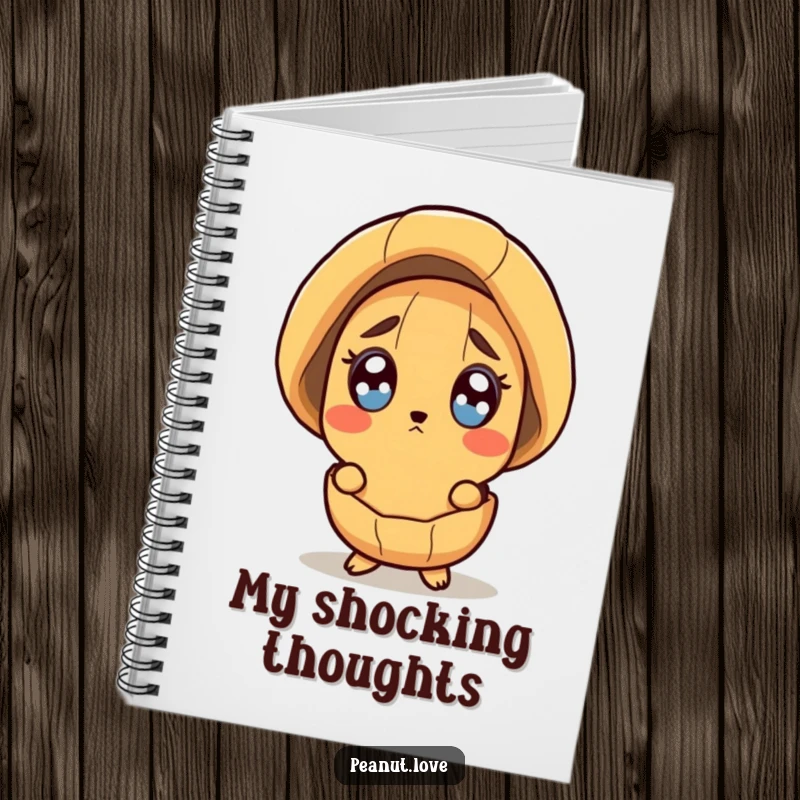 Funny notebook cover with a surprised peanut character peeking out from its shell with wide eyes.
