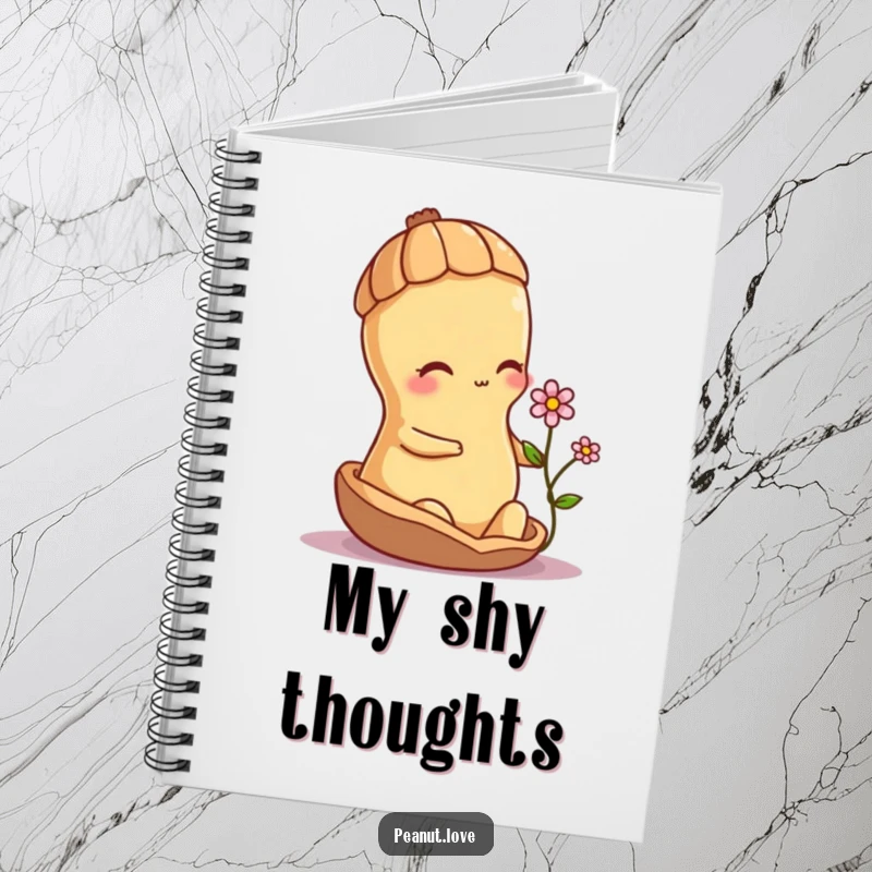 Funny shy peanut character offering a small flower from its shell, printed on a notebook for gentle thoughts.