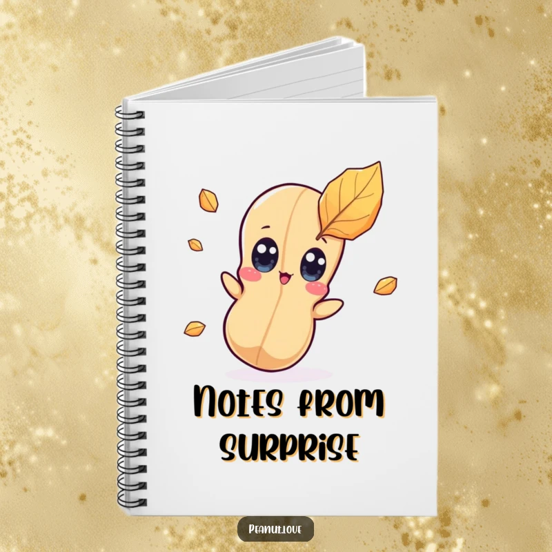 Funny kawaii peanut character notebook with wide eyes surprised by a falling leaf, great for autumn notes.