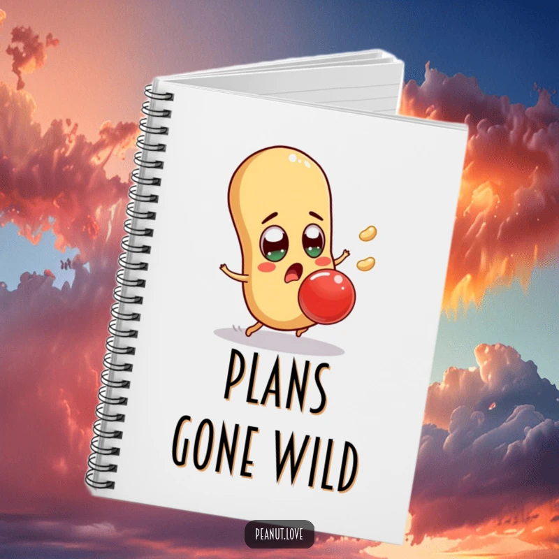 Funny surprised peanut notebook with a character comically dodging a jelly bean, ideal for notes and brainstorming, a funny gift.