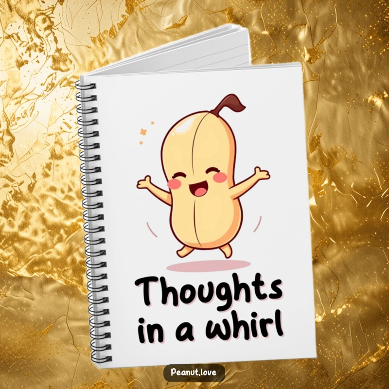 Funny notebook with a dizzy peanut character spinning joyfully, ideal for capturing funny thoughts and ideas.