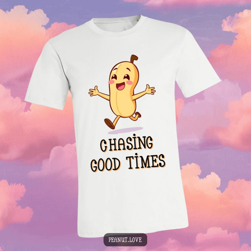 Funny Peanut Chase T-Shirt: A peanut character energetically running with arms outstretched, conveying pure joy and the chase for fun.