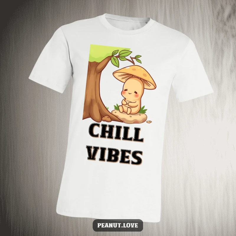 Funny t-shirt graphic of a happy peanut character relaxing peacefully under a mushroom, embodying serene contentment.