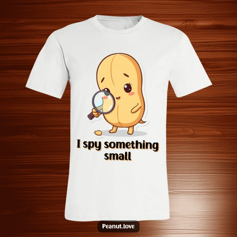 Funny Curious Peanut T-Shirt: A peanut with a magnifying glass inspects a crumb. Detective style, cool funny gift.