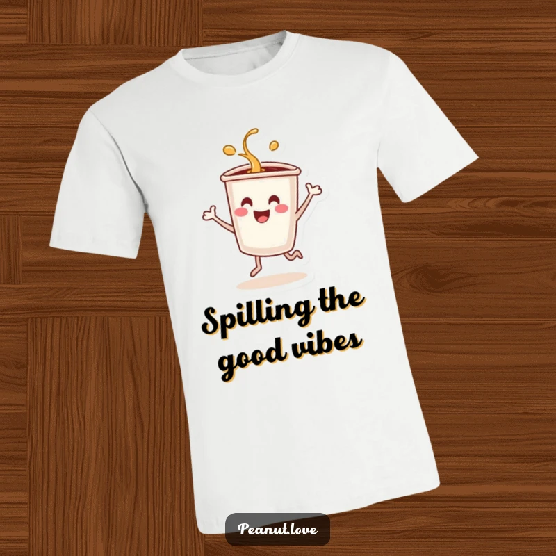 Funny t-shirt of a smiling coffee cup character dancing energetically, with a small spill.