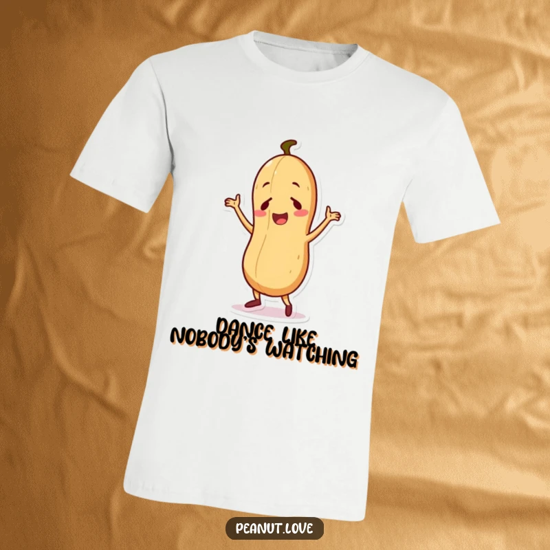 Funny t-shirt graphic of a cute peanut character performing a hilariously awkward and joyful dance move.
