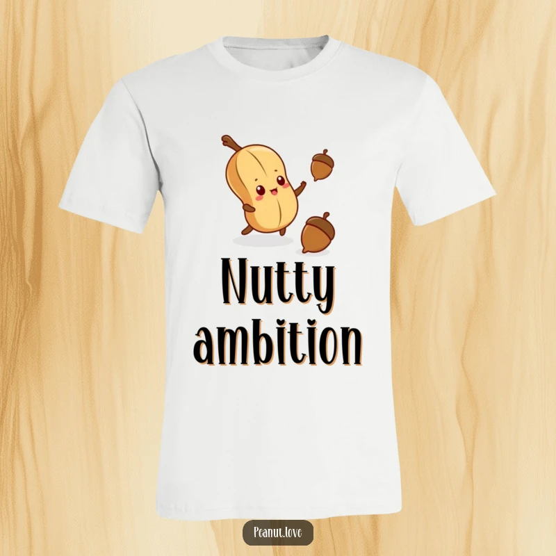 Funny t-shirt graphic of a focused kawaii peanut stretching to catch a falling acorn, showcasing unwavering determination.
