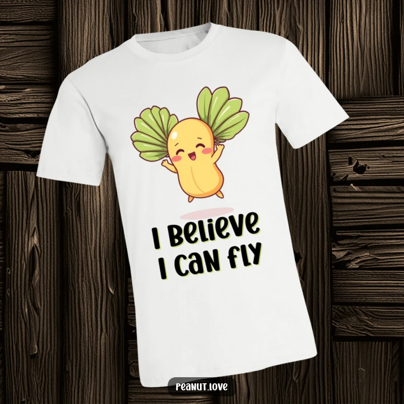 Funny t-shirt showcasing a determined peanut character launching itself with large fan leaves, embodying a comical flight attempt.