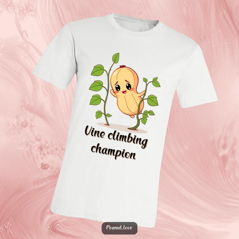 Funny determined peanut character t-shirt, depicted bravely scaling a surprisingly small vine.