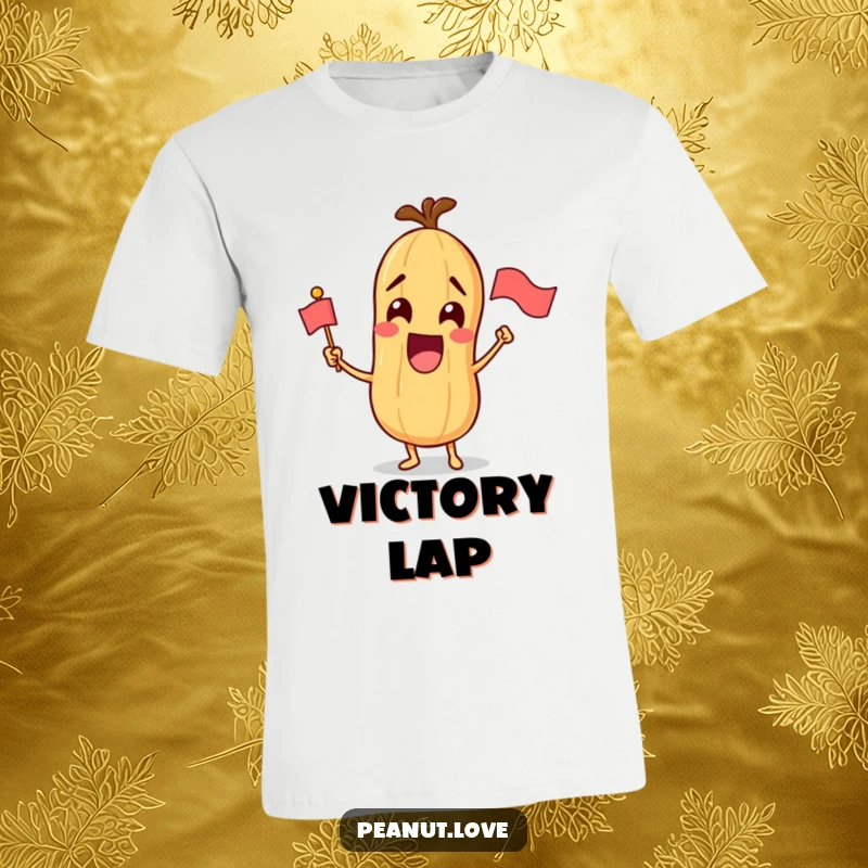 Funny t-shirt graphic of an overjoyed peanut character enthusiastically waving a miniature flag, embodying pure excitement.