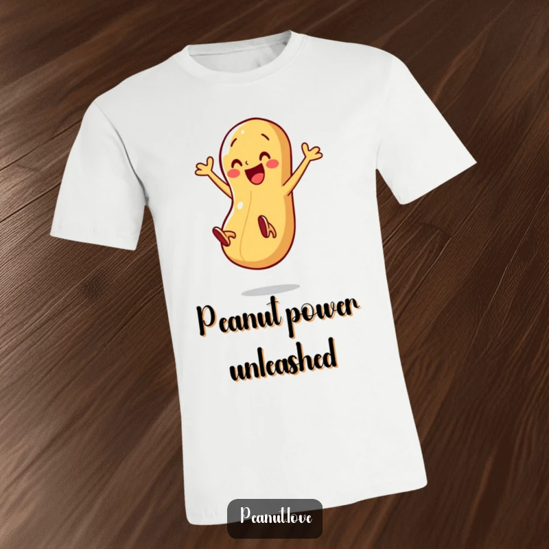 Funny t-shirt featuring a happy peanut character captured mid-air, legs kicking with a burst of pure, unadulterated energy.