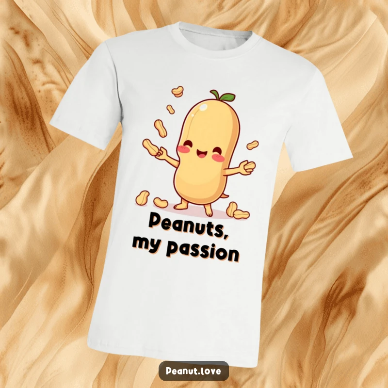 Funny t-shirt depicting a cheerful Kawaii peanut character effortlessly juggling tiny peanuts, a symbol of fun and skill.