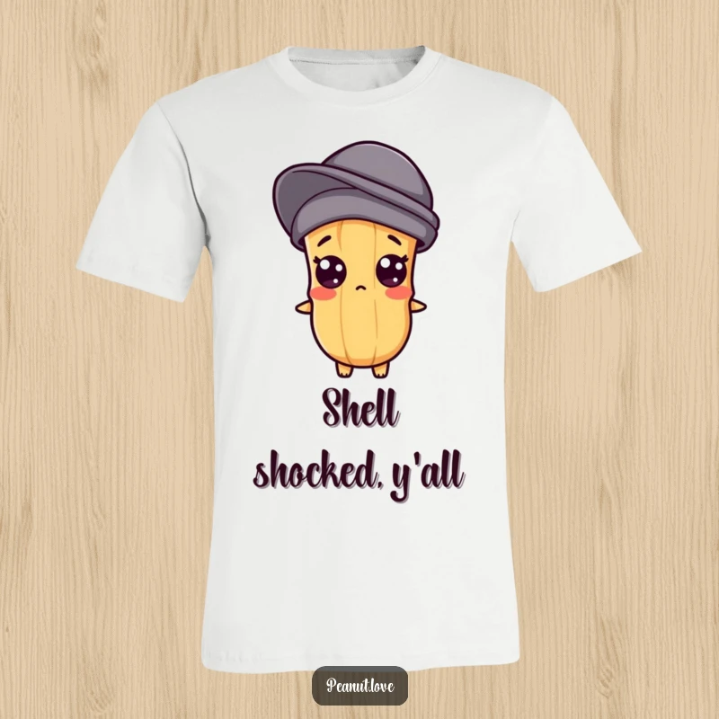 Funny t-shirt showcasing a Kawaii peanut character with wide, popping eyes, conveying extreme surprise and cuteness.