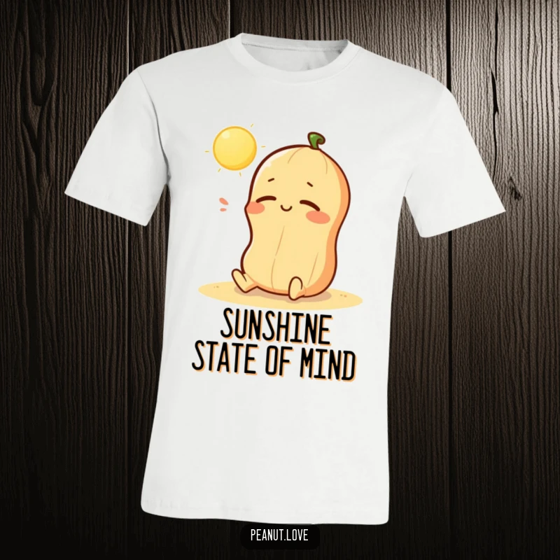 Funny t-shirt with a kawaii peanut character sunbathing peacefully with closed eyes and a happy sigh; a great gift.