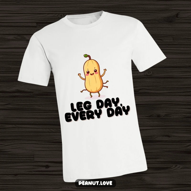 Funny Kawaii peanut t-shirt showing a cute character with root legs performing a hilarious, energetic dance.