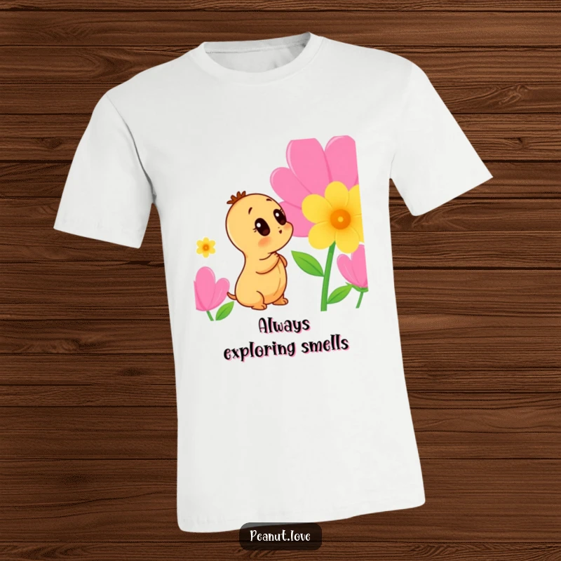 Funny Peanut T-Shirt: A curious peanut character leans in to sniff a brightly colored flower, capturing a moment of natural wonder.