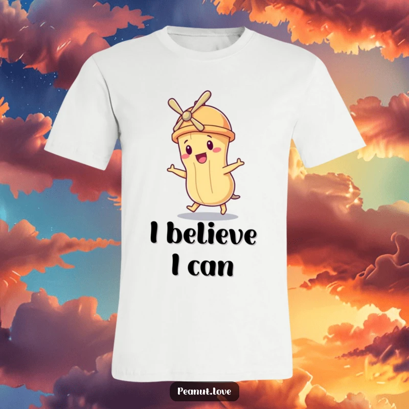 Funny t-shirt depicting a peanut character sporting a small propeller hat, hilariously attempting to achieve flight.
