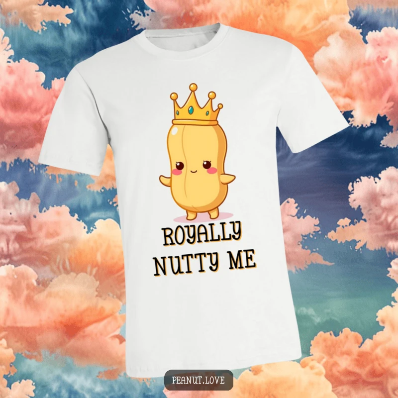 Funny Peanut King T-Shirt: A proud peanut character sporting a tiny crown, admiring a perfectly shaped peanut, exuding regal and funny vibes.