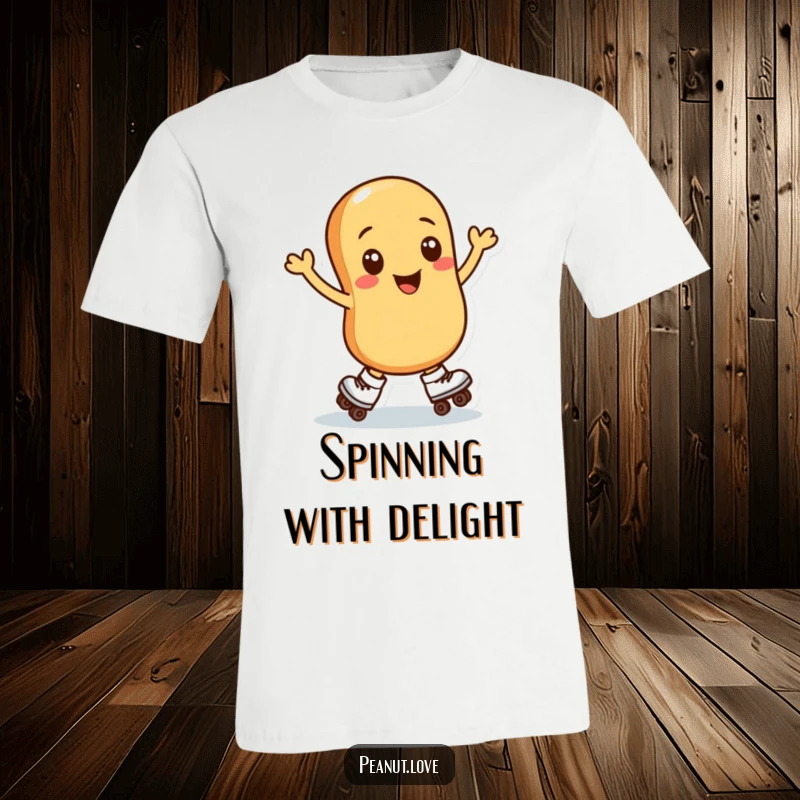 Funny t-shirt featuring a smiling peanut character expertly spinning on roller skates, celebrating the joy of movement and nutty antics.