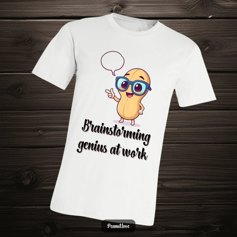 Funny t-shirt of a peppy peanut in oversized glasses, pointing animatedly at a thought bubble filled with exciting ideas.