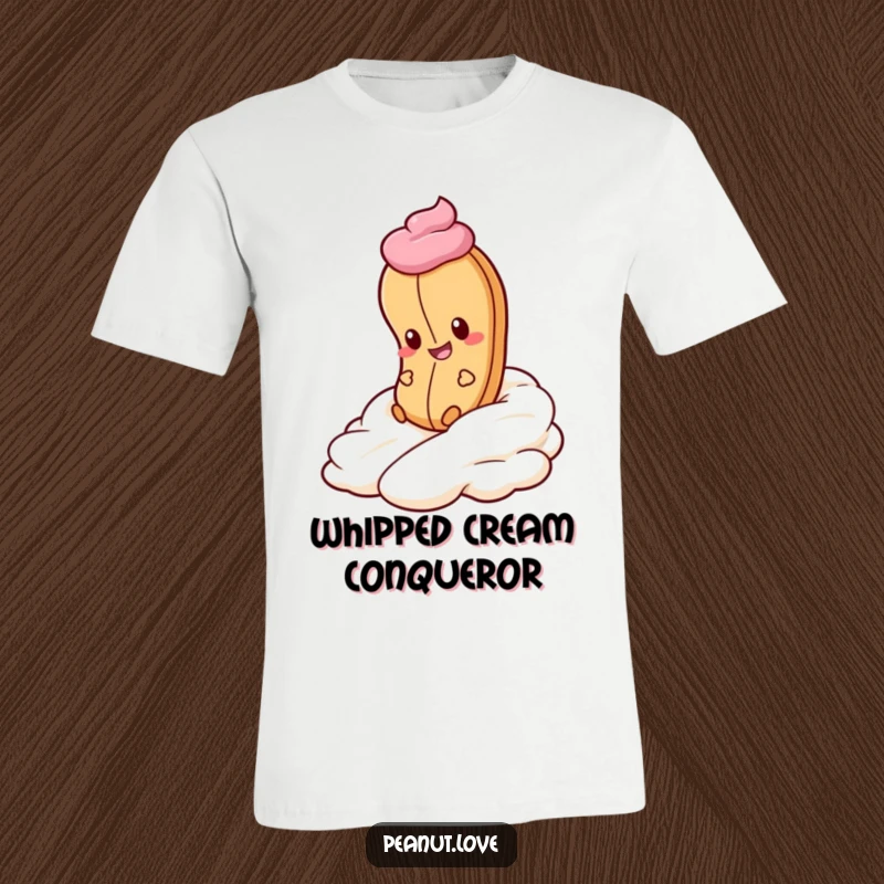 Funny Peanut Whipped Cream T-Shirt: A peanut gleefully rolls down whipped cream. Deliciously fun and a great funny gift.