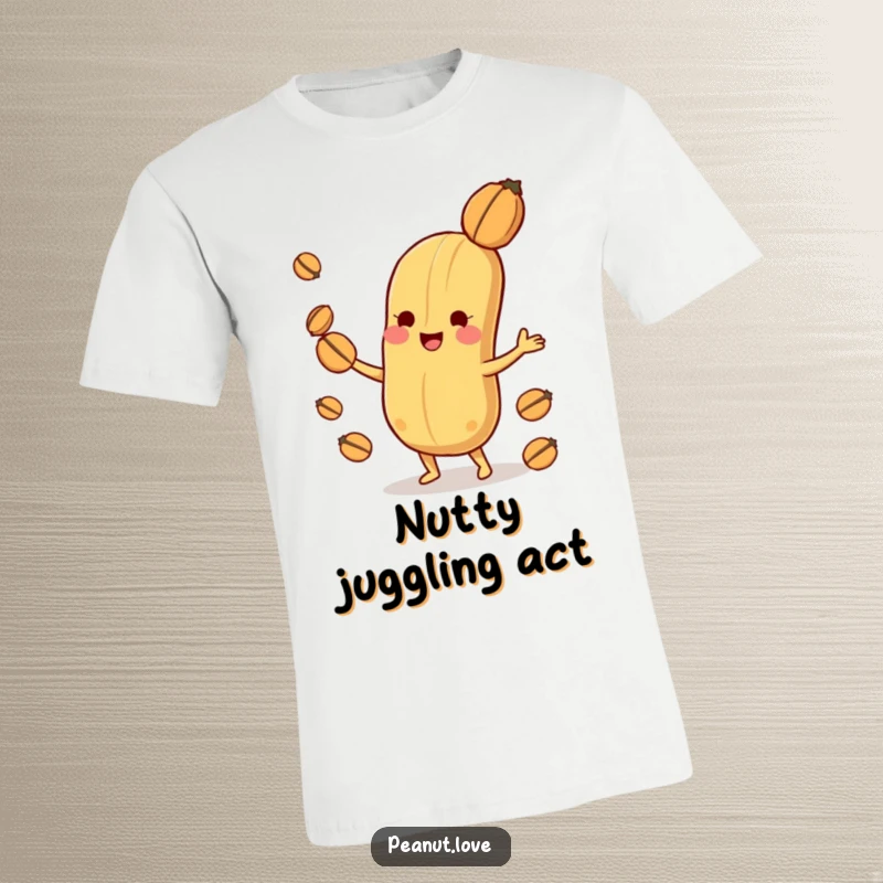 Funny playful peanut character t-shirt, shown expertly juggling smaller nuts with pure delight.