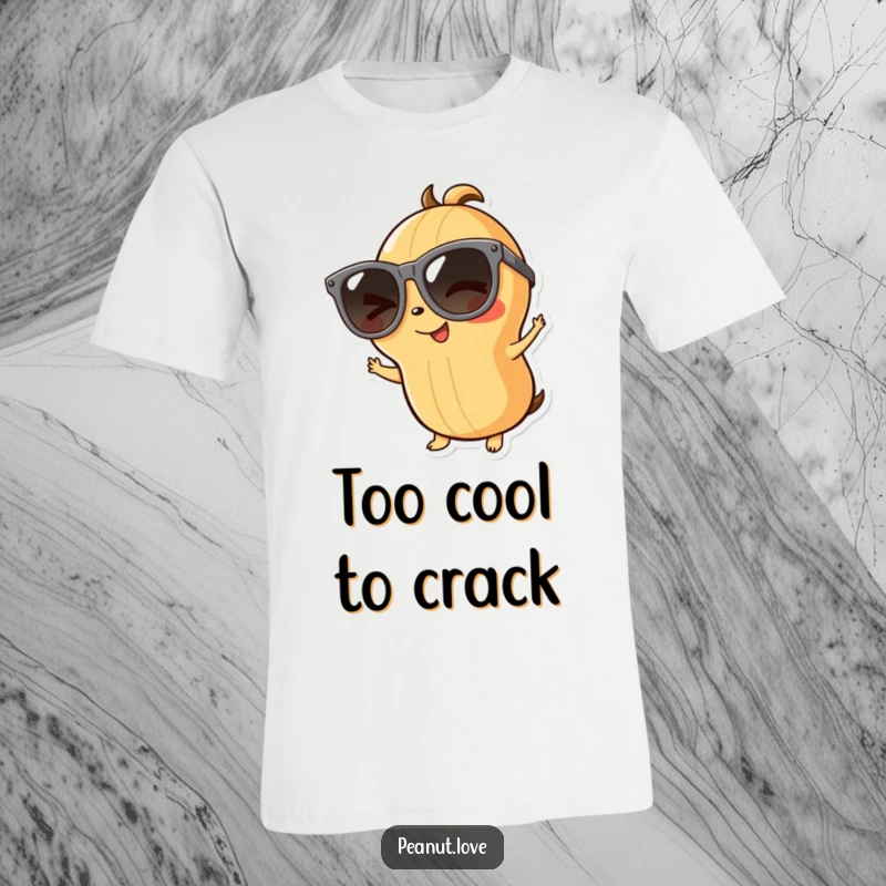 Funny playful peanut t-shirt with a character wearing large sunglasses and winking, radiating cool confidence, a fun funny gift.