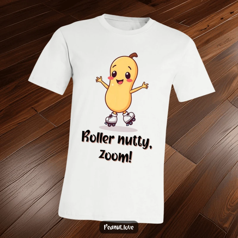 Funny smiling peanut character t-shirt, captured mid-spin on tiny roller skates.