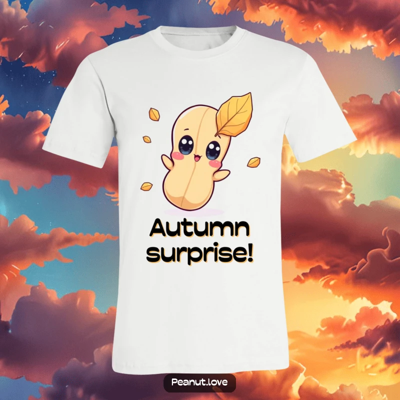 Funny kawaii peanut character t-shirt with wide eyes looking surprised by a falling leaf, perfect for autumn lovers.