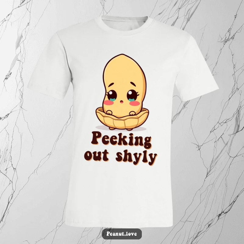 Funny peanut character peeking out from a slightly open shell on a t-shirt, conveying surprise and curiosity.
