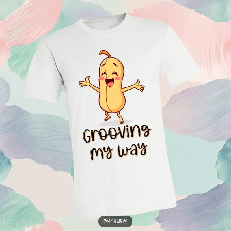 Funny peanut character energetically dancing with wild arm movements, printed on a fun and comfortable t-shirt.