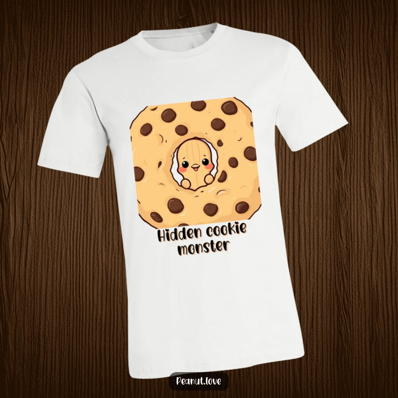 Funny t-shirt featuring a peanut character peeking from behind a giant chocolate chip cookie, a humorous design for cookie enthusiasts.