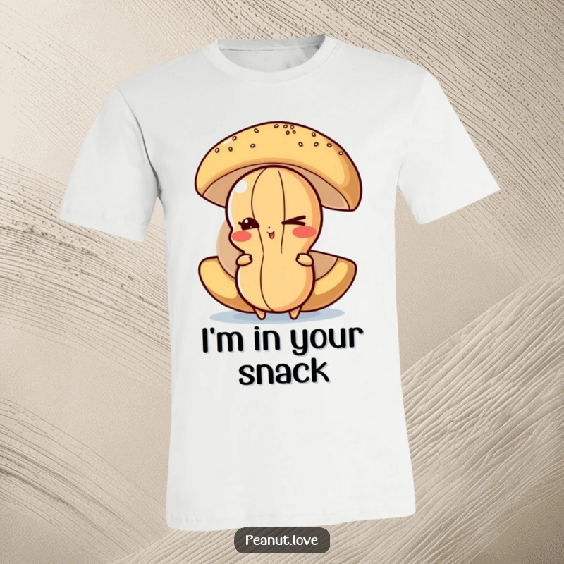Funny Peanut T-Shirt: A cheeky peanut character is caught winking while playing hide-and-seek behind a large, delicious food item.